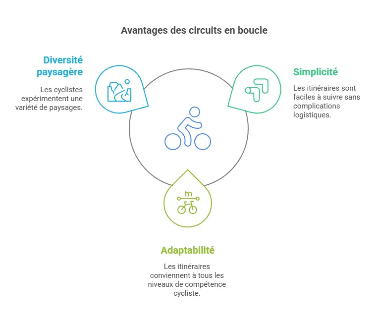 Cycliste sur une route pittoresque lors d’un circuit vélo en boucle, avec un paysage vallonné en arrière-plan.