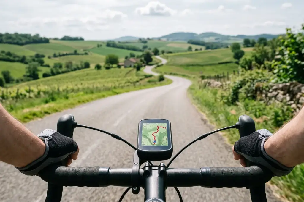 Compteur GPS fixé sur le guidon d'un vélo de route, carte affichée à l'écran, route de campagne en arrière-plan