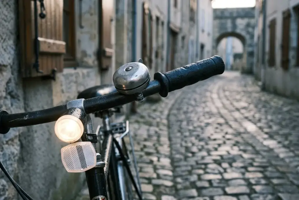 Guidon de vélo équipé d'une sonnette et d'un feu avant, deux accessoires obligatoires
