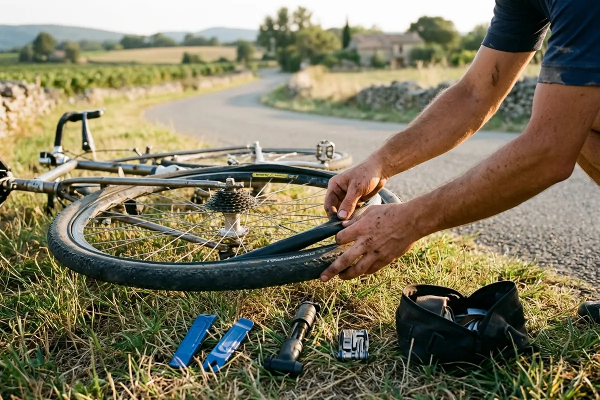 Cycliste réparant une crevaison au bord de la route avec démonte-pneus, chambre à air et mini-pompe