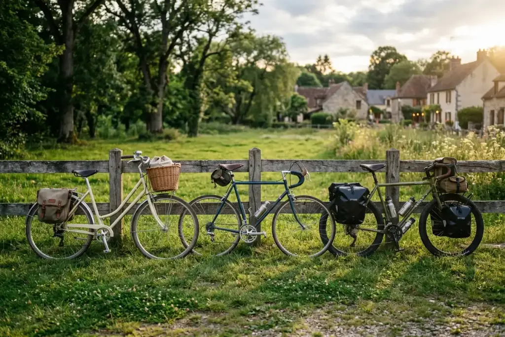 Trois vélos côte à côte, de ville, de route et de voyage, chacun avec ses accessoires